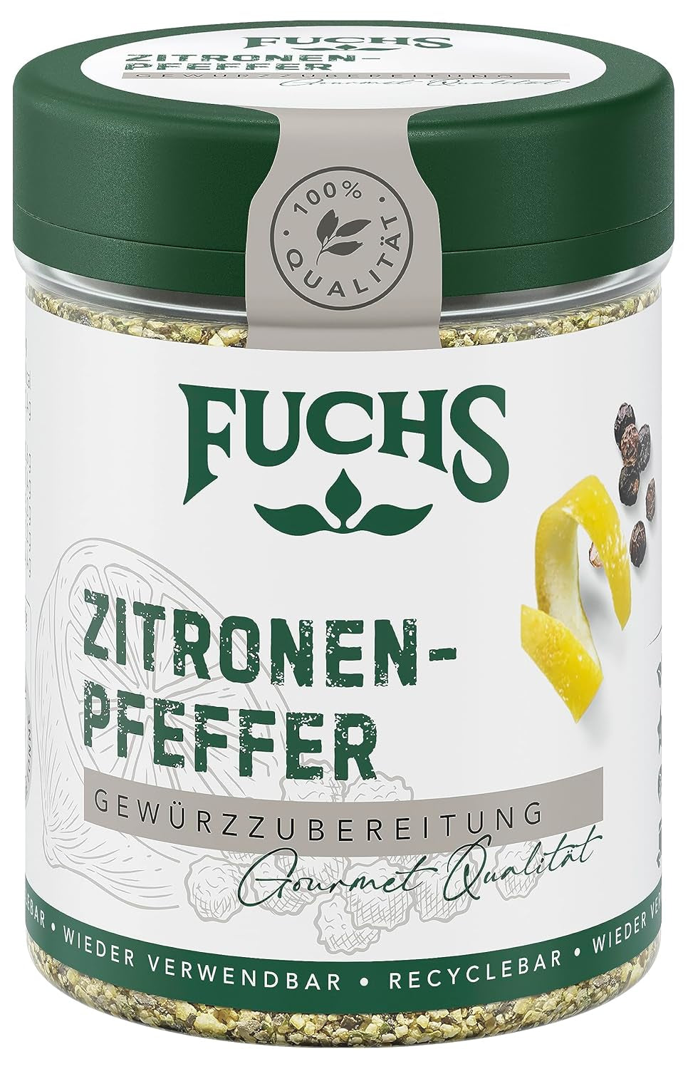 Fuchs Gewürze - Citronenpfeffer Gewürz - Gewürzzubereitung für Lachs, Zander und Kabeljau - přírodní složky - 75 g v wiederverwendbarer, recyclebarer Dávka