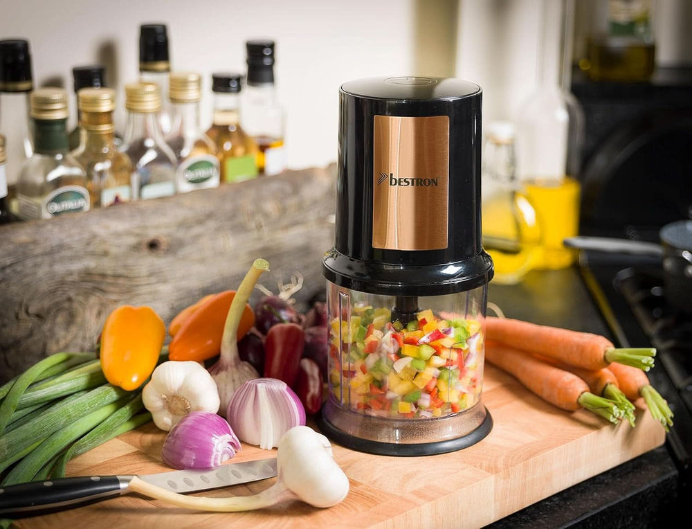 Bestron Elektrischer Multi-Zerkleinerer, Universalzerkleinerer Mit Zwei Schneidemessern & 500 ml Kapazität, Große Pulstaste, 400 Watt, Barva: Kupfer Kitchen Naty Shop