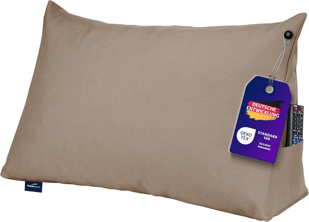 Pernă de citit Traumnacht Cozy Back Cushion, 70 x 40 cm gri închis, husă detașabilă și lavabilă din 100% poliester, buzunar lateral practic, certificată Oeko-Tex, produsă conform standardelor germane de calitate