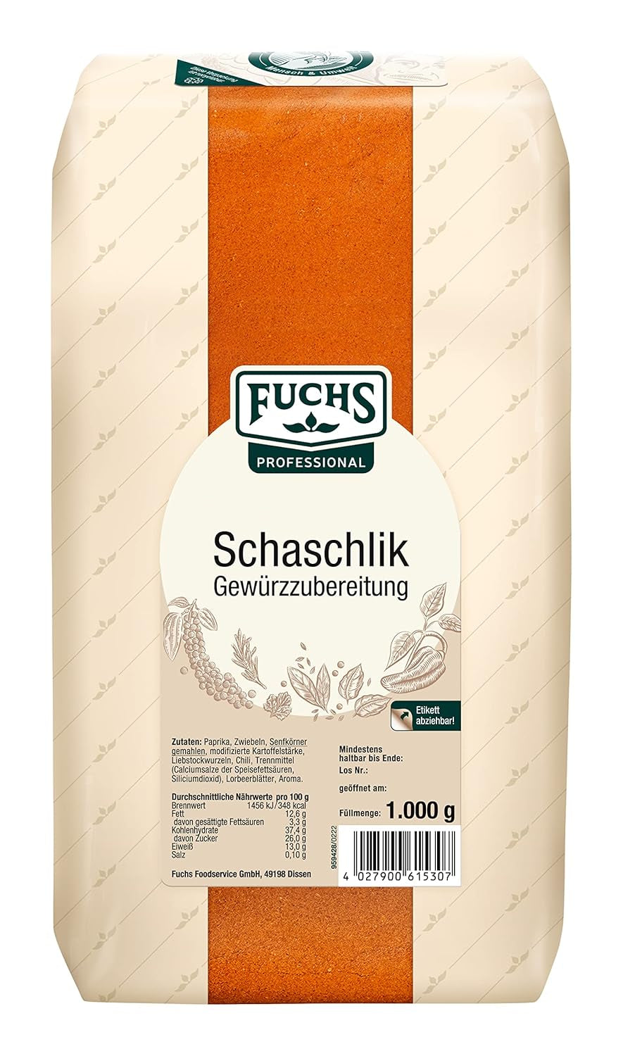 Fuchs Professional - Schaschlik Gewürzmischung | Zum Würzen/Marinieren von gebratenem nebo gegrillten Fleisch | Profi-Qualität für Großverbraucher | 1 kg v recyklovatelném pytli