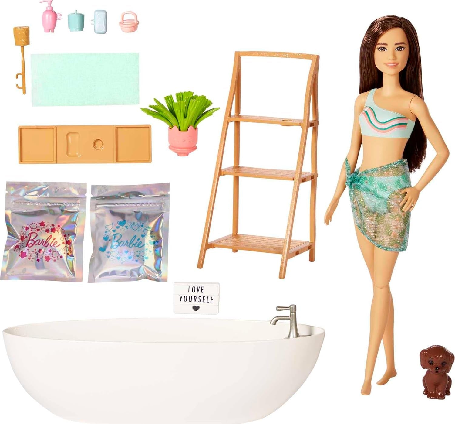Barbie Self-Care Series, Confetti Bath, păpușă Barbie cu păr blond, costum de baie, cățeluș, 2 pachete de săpun Confetti, accesorii Barbie, 1X păpușă Barbie inclusă, potrivită ca un cadou, Hkt92 Papusi Naty Shop Playset cu bruneta Barbie