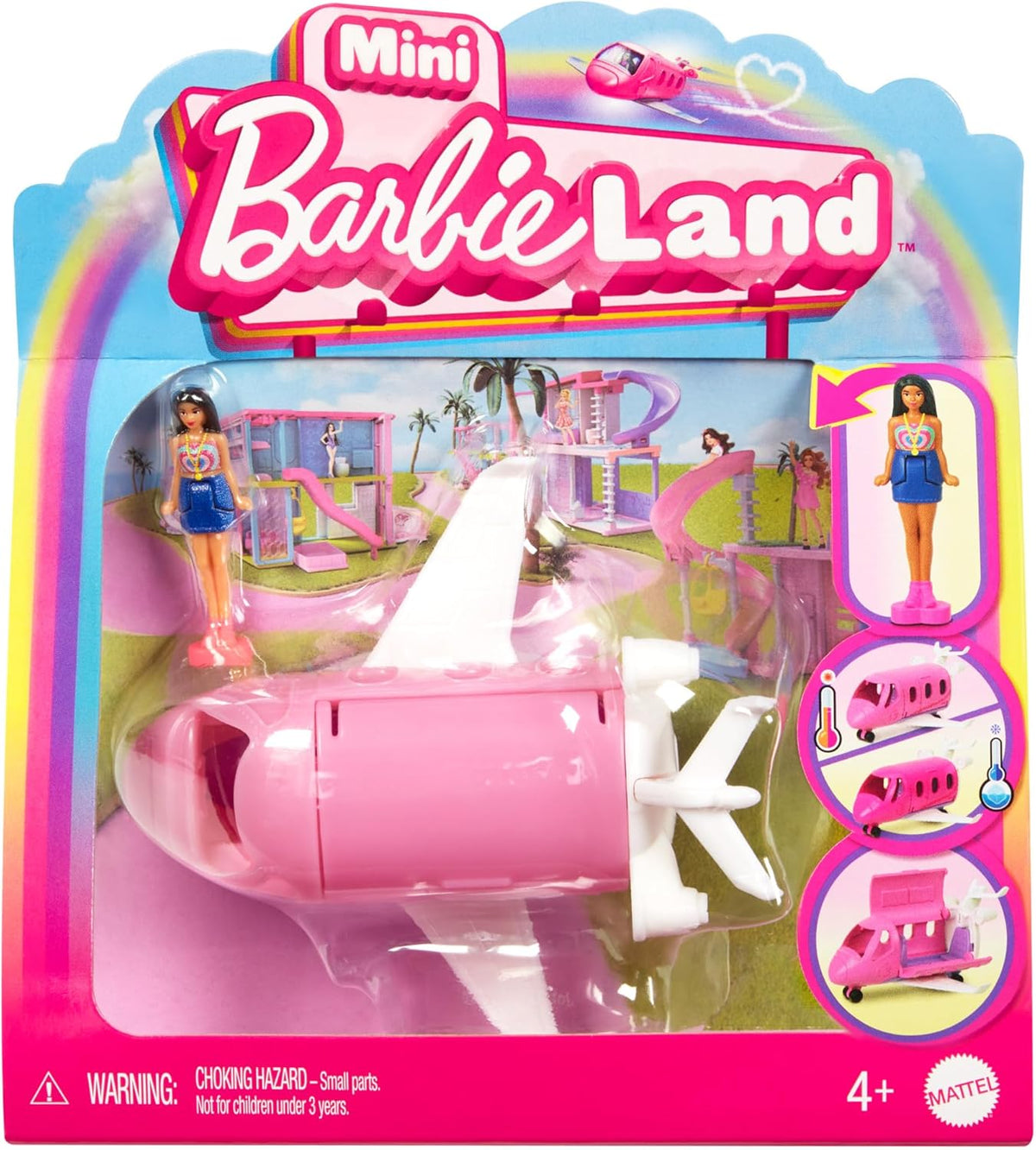 Păpușa Barbie Mini BarbieLand și seturi de vehicule de jucărie, păpușă de 3,8 cm și vehicul de jucărie emblematic cu surpriză care își schimbă culoarea, HYF40