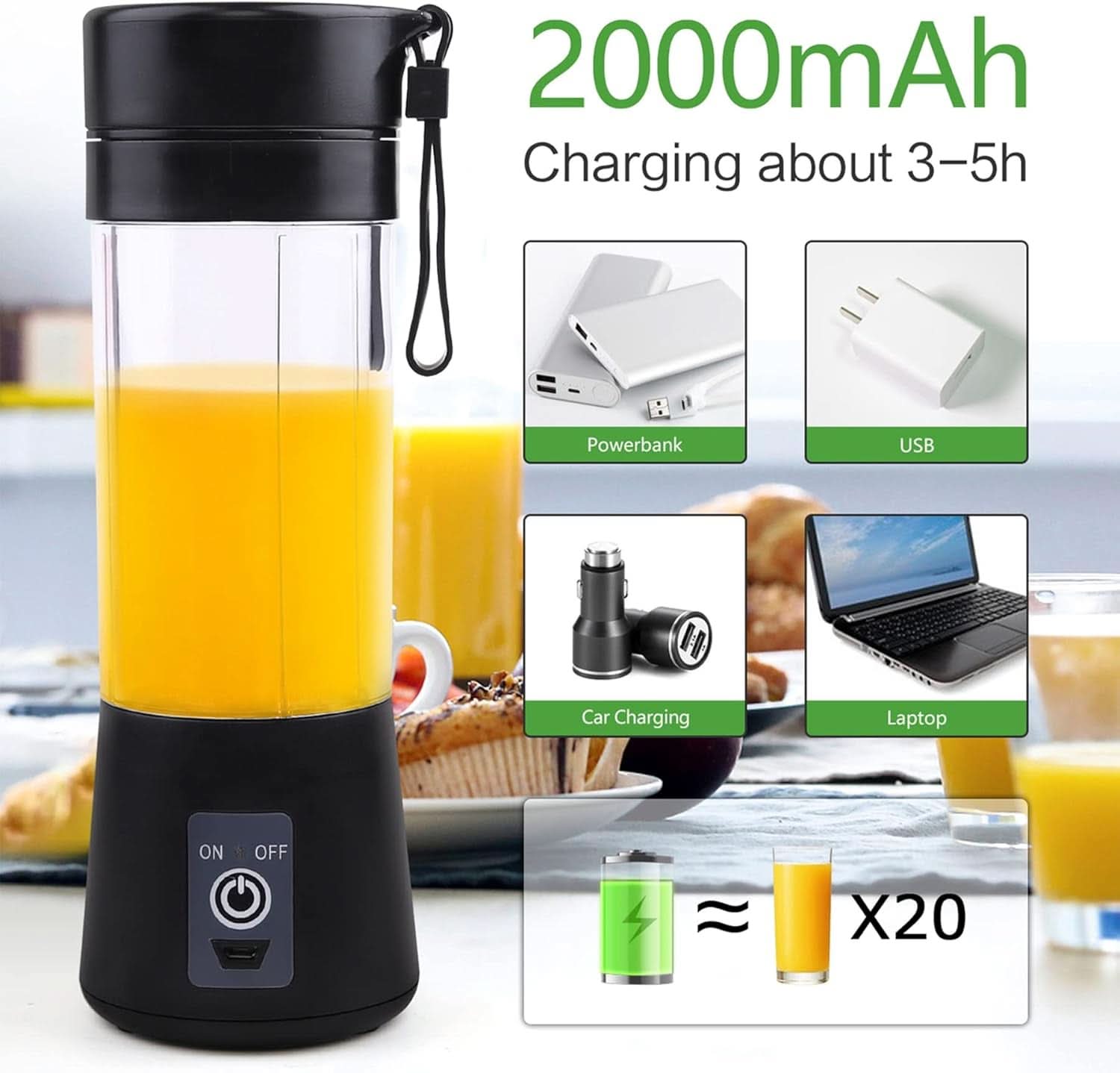 Mixér Smoothie Maker Tragbarer Entsafter: 380 ml Standmixer Persönlicher Shaker Proteinshake Mit 6 Edelstahlmesser Tragbar-Bpa-Freie Mit Usb-Mixbecher Für Shakes,Saftoutdoor,Schwarz Bucatarie Naty Shop