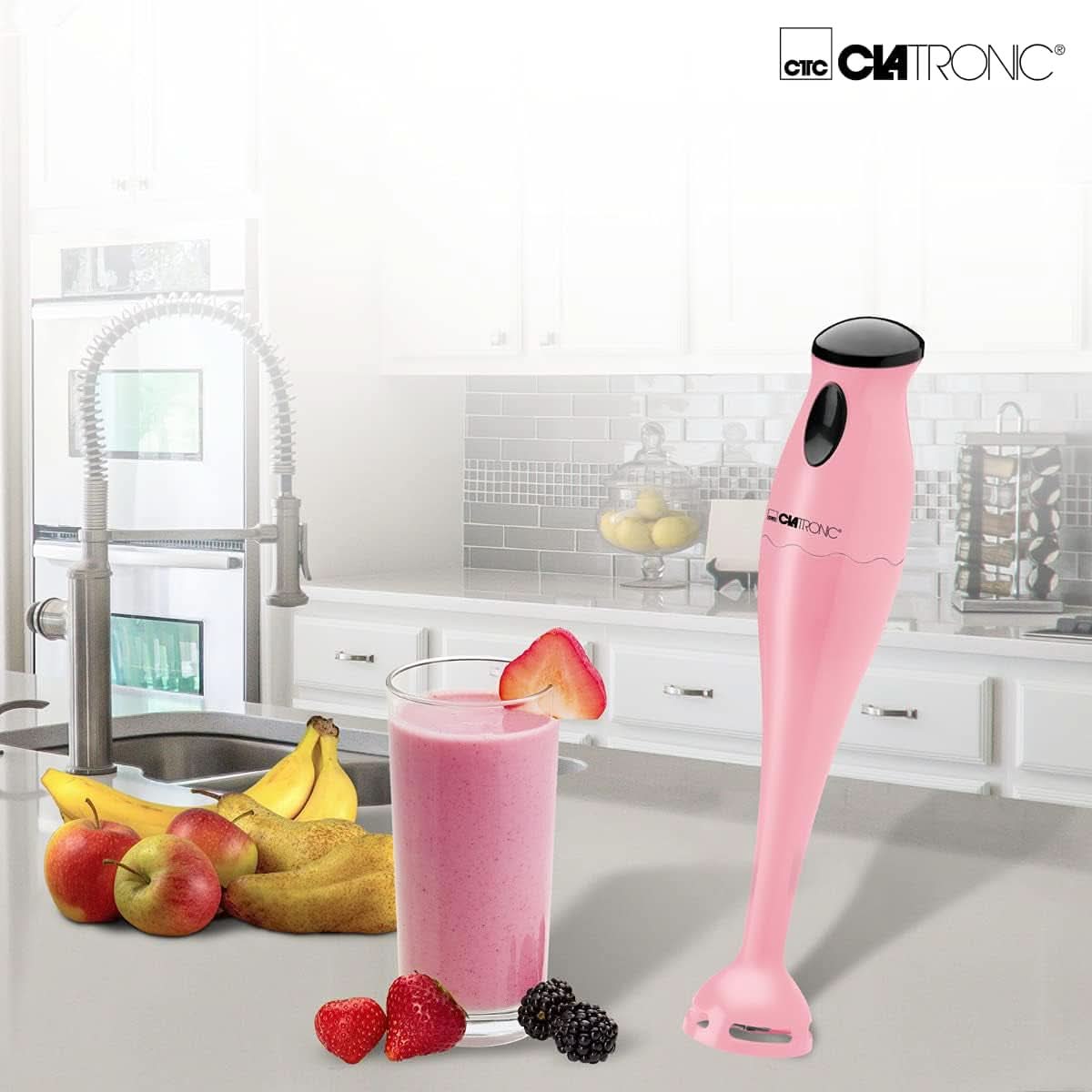 Clatronic Stabmixer/Pürierstab/Blender/Stab-Mixer/Stick/Mixstab SM 3577; Edelstahl-Schlagmesser; Für Smoothie, Kürbispüree, Babybrei, Milchshake; Mit Mixbehälter (500 Ml); 180 Watt; Pink Bucatarie Naty Shop