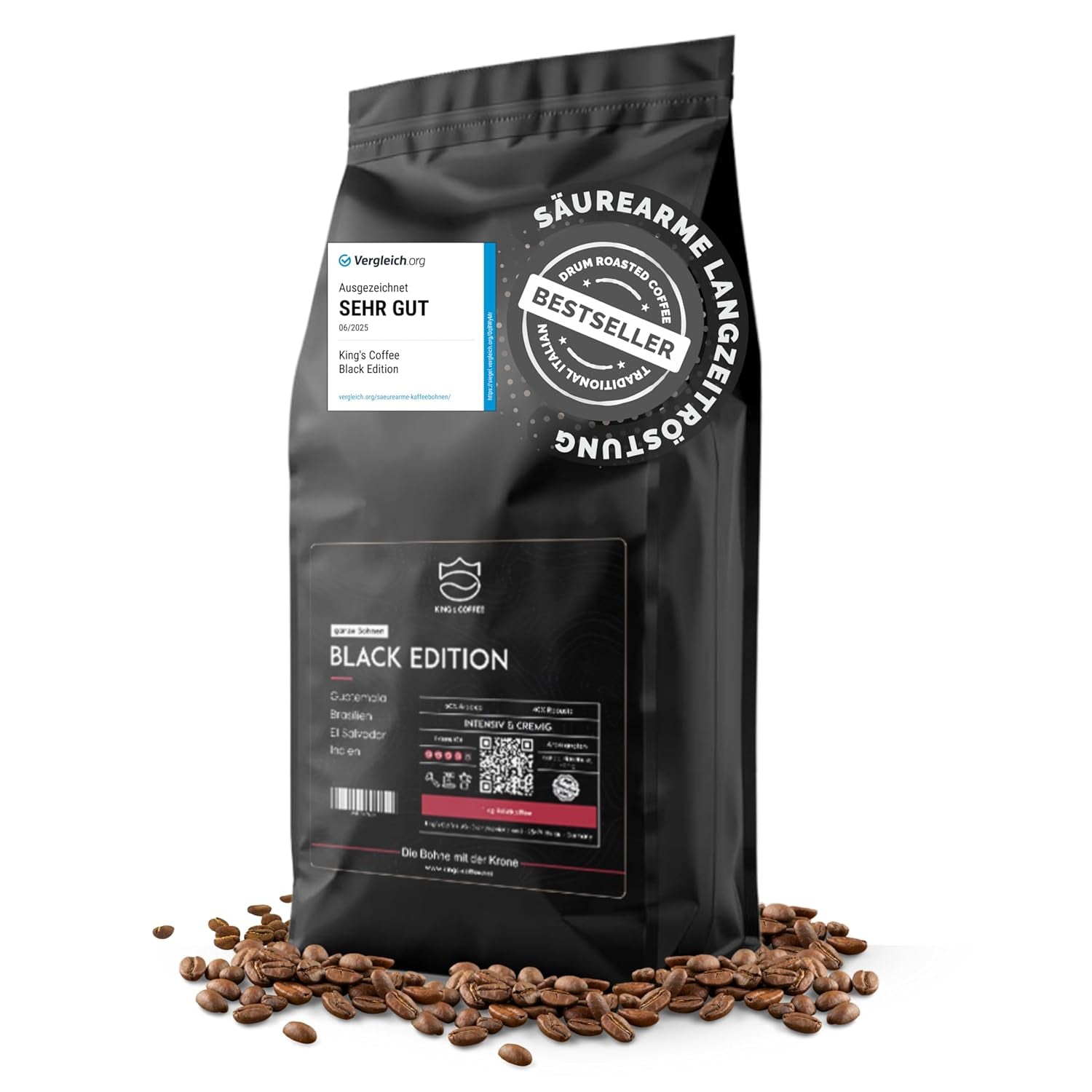 KING'S COFFEE - EDIȚIE NEAGRĂ - 1 kg Boabe de Cafea Crema Intense - Cafea cu Aciditate Scăzută - Prăjire în Loturi Mici din Italia - Boabe de Espresso Arabica Puternic (Amestec) pentru Aparate Complet Automate și Portafiltru