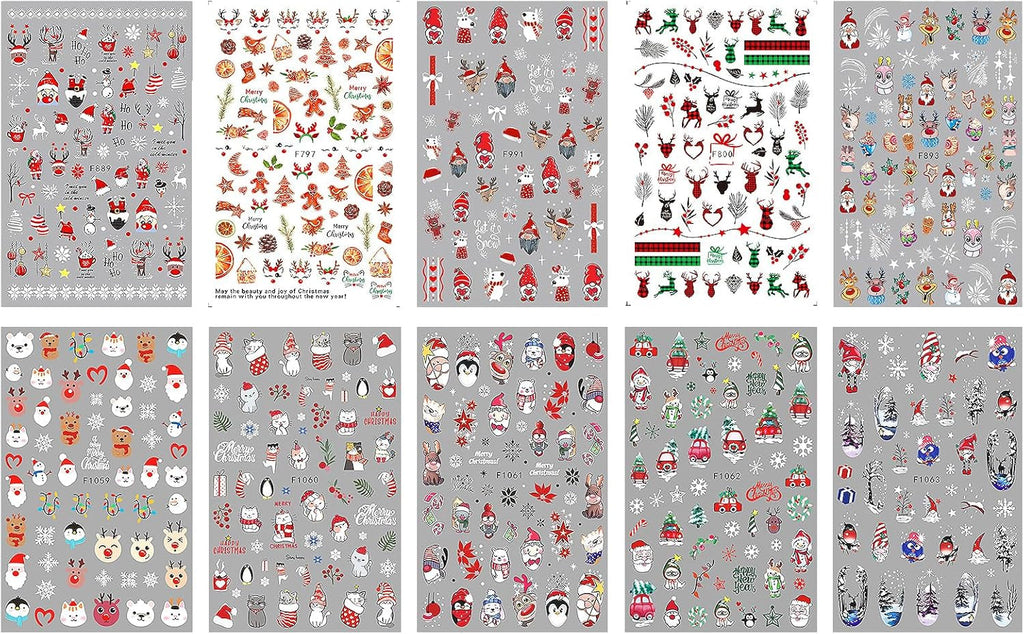 JMEOWIO Nagelsticker Weihnachten 10 Blatt Nail Art Sticker Selbstklebend Nagelaufkleber Schneeflocke Winter Urlaub Süß Dekoration Nageldesign Zubehör