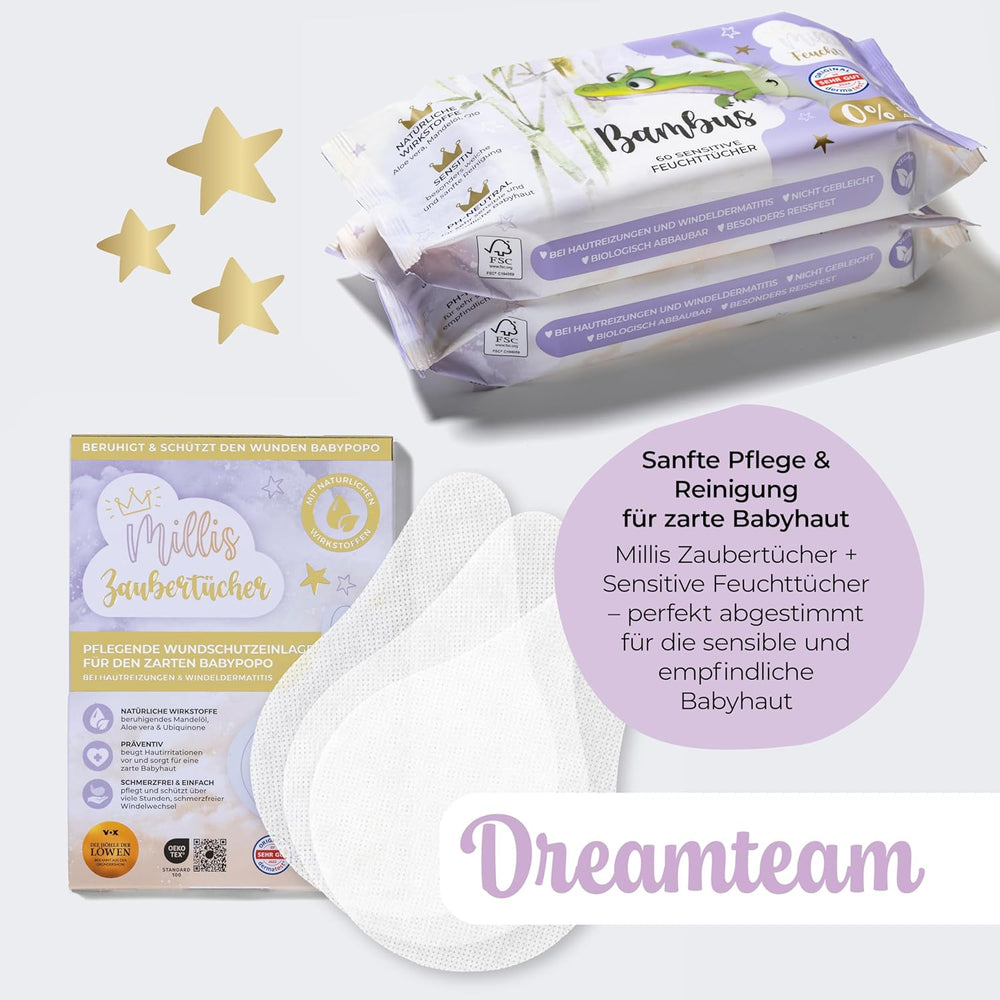 Millis Zaubertücher bei Windeldermatitis Baby, Bekannt aus "Die Höhle der Löwen", 25 Tücher (1 x 25er) s Aloe Vera, Mandelöl & Q10 - Pflegt, Schützt & dient als Wundschutz bei gereizter Haut