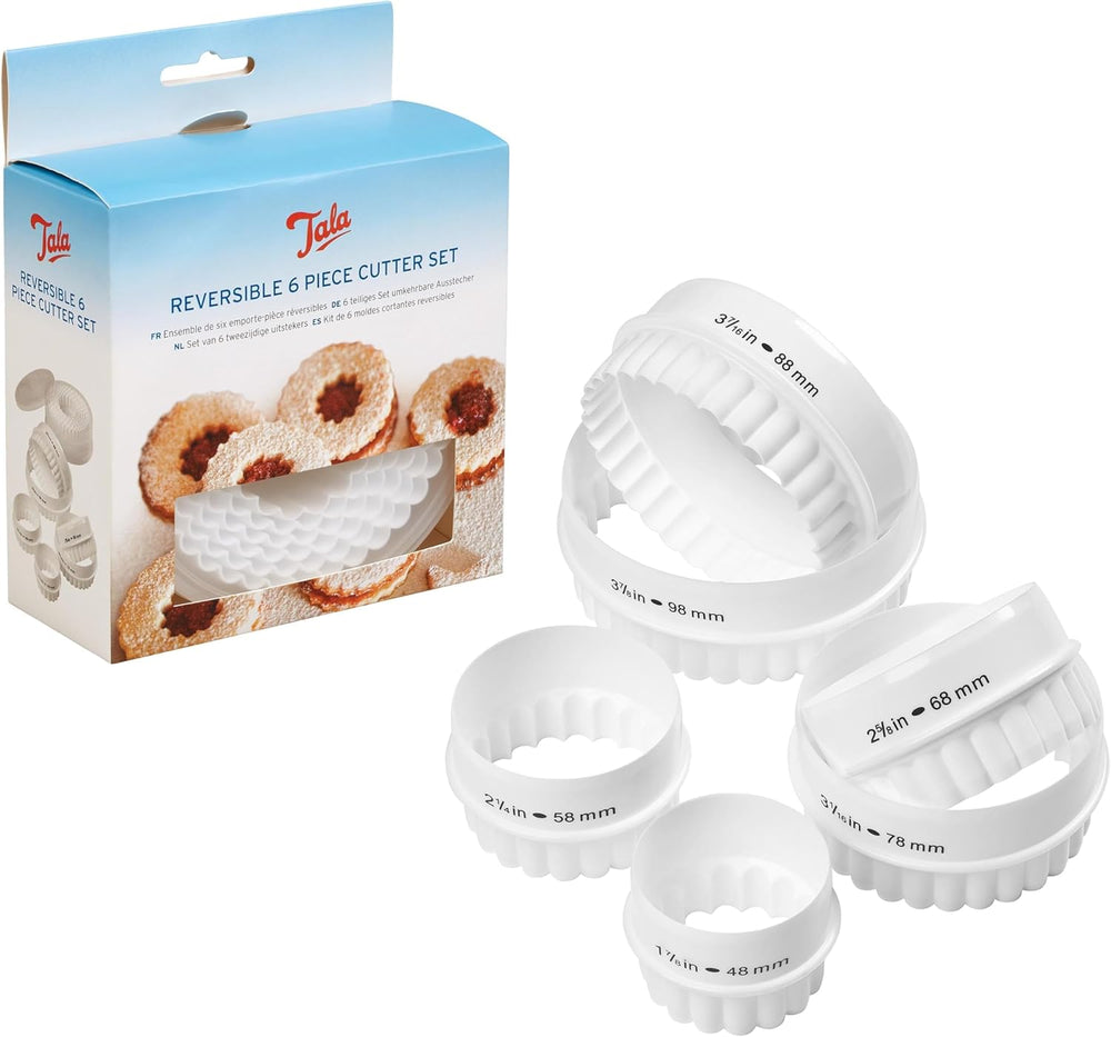 Set de 6 forme rotunde reversibile Tala pentru biscuiți, forme pentru biscuiți cu margini netede și striate, plastic fără BPA, pentru aluat, fondant și marțipan, 48 până la 98 mm
