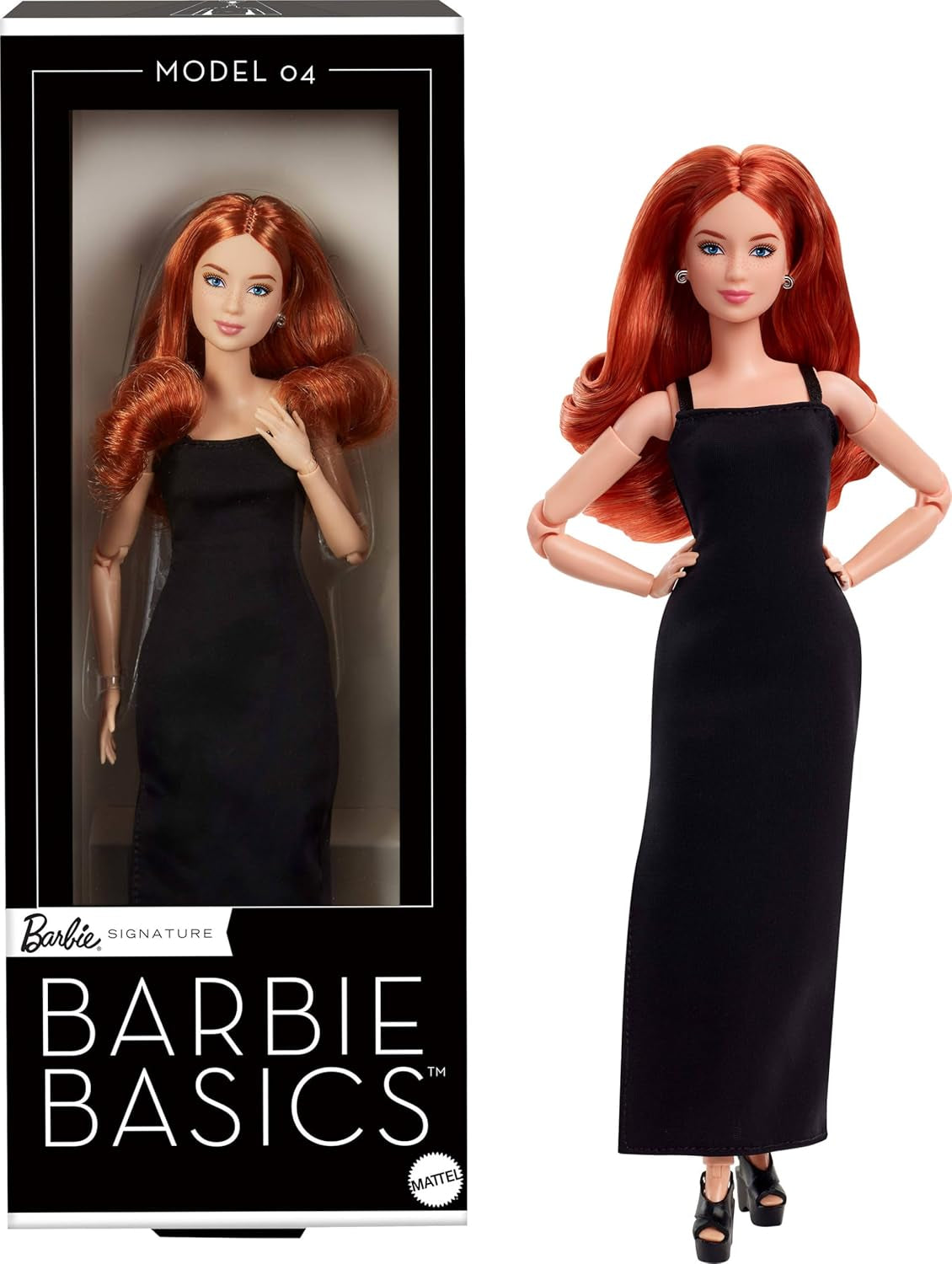 Sběratelská panenka Mattel Barbie Basics Model 4 s červenými kadeřemi, černými minišaty a botami, univerzální móda, malé pohyblivé tělo a vyměnitelná hlava, JBH74 Naty Shop Dolls Výchozí název