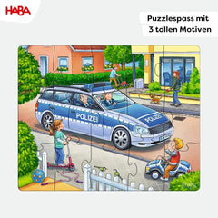 HABA Fire Brigade Puzzle - Set de 3 piese pentru copii cu vârsta de 3 ani și peste, puzzle din carton cu motive de poliție și ambulanță - Promovează abilitățile motorii fine și concentrarea - 1302759001 Puzzle Naty Shop