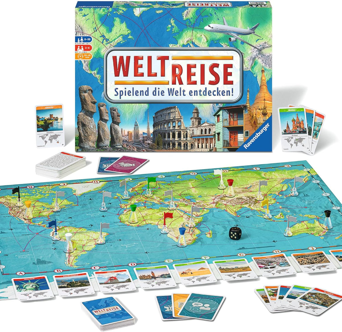 Ravensburger Family Game 26888 – World Tour – Klasika pro rodiny od 8 let – Party hra, cestování po světě, desková hra až pro 6 hráčů – 170+ měst