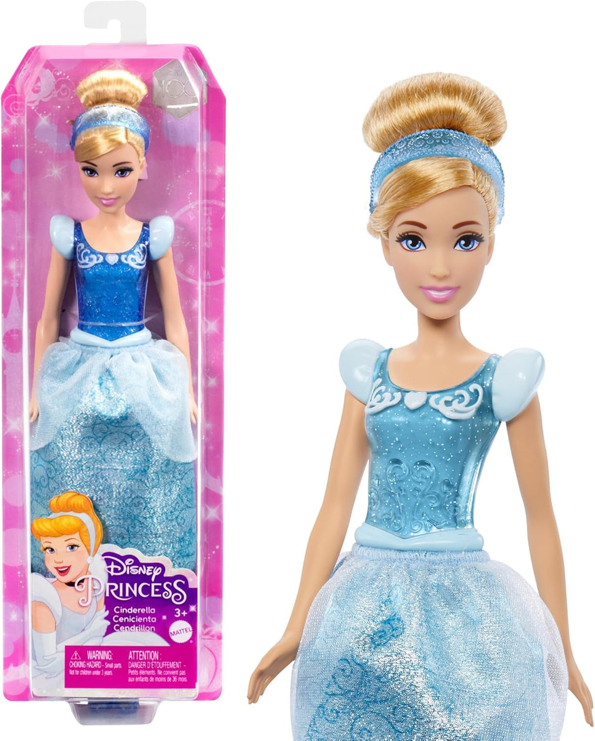 Mattel DISNEY Princess Cinderella - Păpușă mobilă cu costum strălucitor, pantofi și diademă detașabile, păr pieptănabil pentru distracție la coafor, pentru copii de la 3 ani în sus, HLW06 Papusi Naty Shop Cenușăreasa