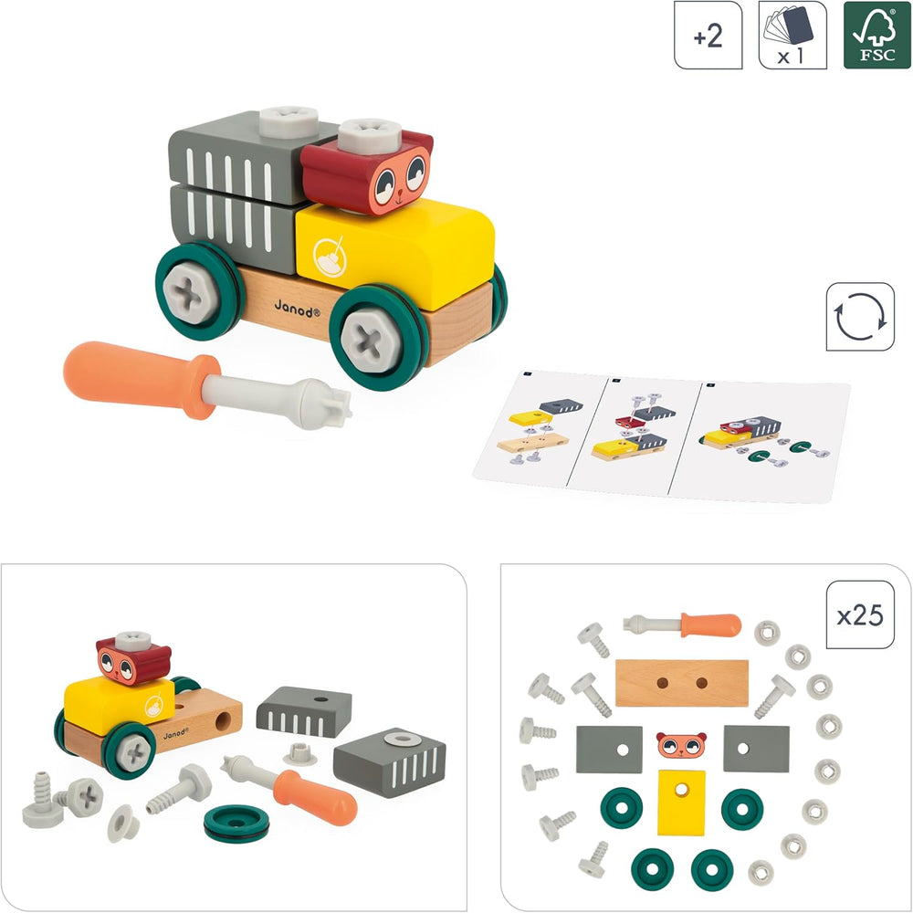 Janod - Mein erstes Konstruktionsspiel - Bären-Bastelauto - 25 Elements - Rollenspiel - Fördert Geschicklichkeit & Kreativität - Ab 24 Monaten - J06458