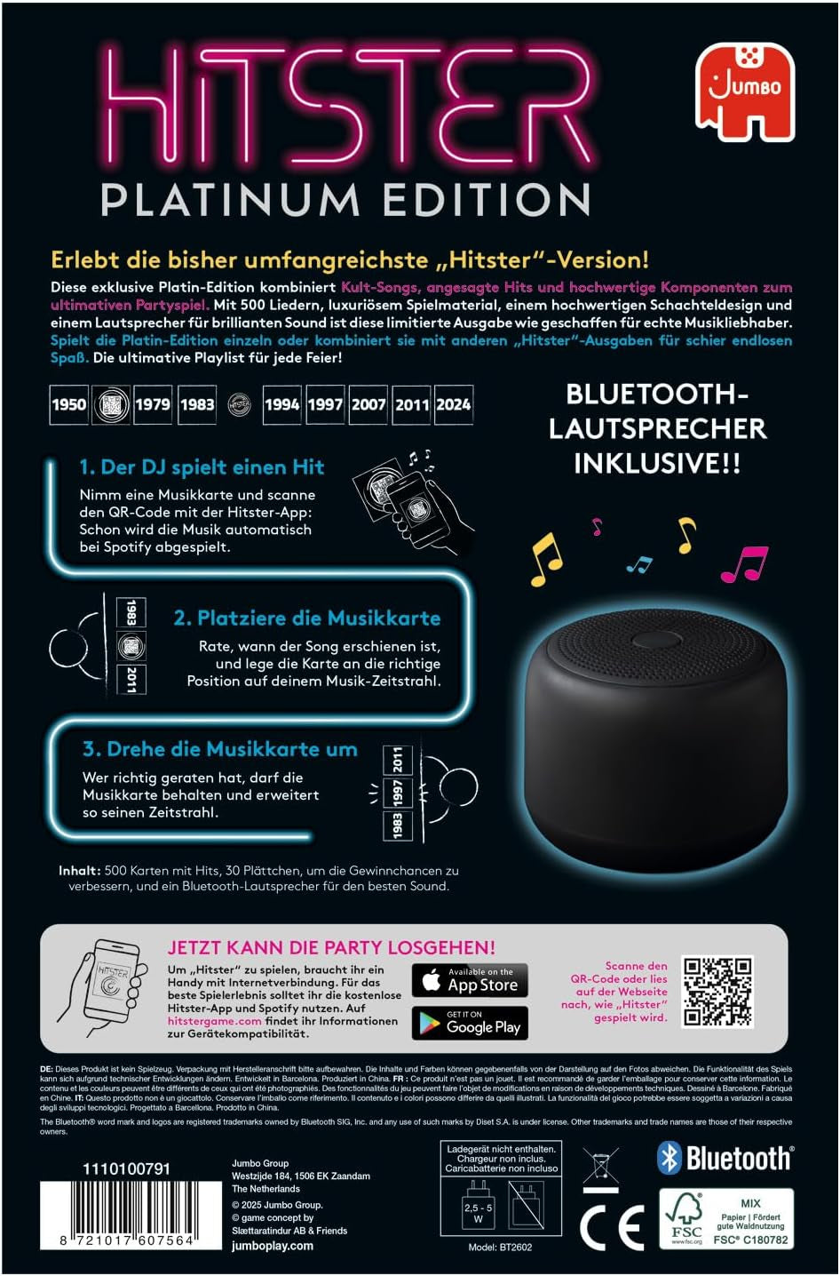 Hitster Platinum Edition – Party hudební hra s 500 písněmi z oblasti pop, rock, hip-hop, tanec a další, včetně reproduktoru