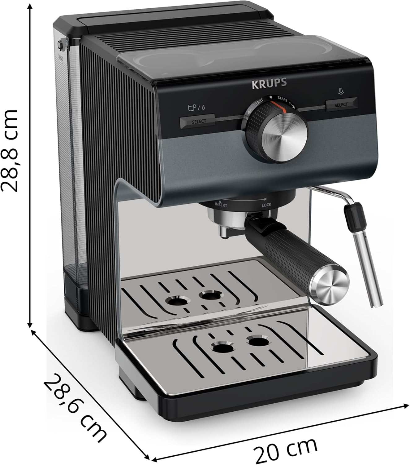 Espressor KRUPS Authentic+, 15 bari, operare intuitivă, design sofisticat, duză de abur, inclusiv accesorii extinse, Bullet Argintiu închis/Oțel inoxidabil, XP384G10