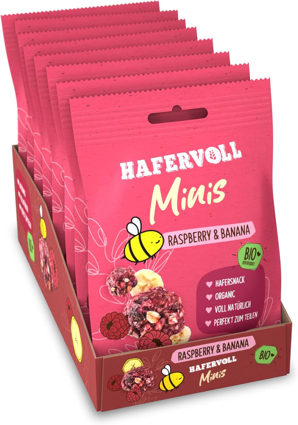 HAFERVOLL Minis řepka a banán 8x 65g – certifikované bio, s medem, bez přidaného cukru, ideální pro sdílení
