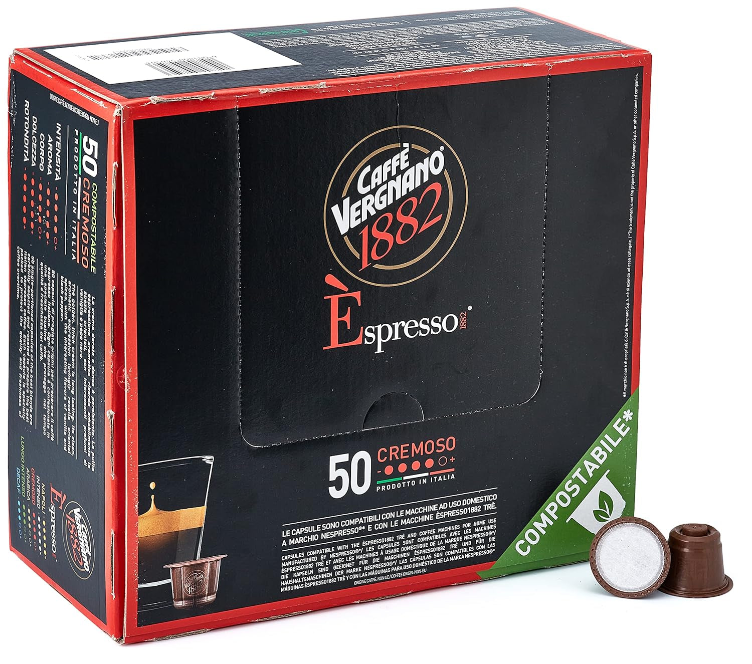 Caffè Vergnano 1882 - Èspresso Kompostierbare Kaffeekapseln, Kompatibel Mit Nespresso, Cremoso (Cremig) - Packung Enthält 50 Kapseln