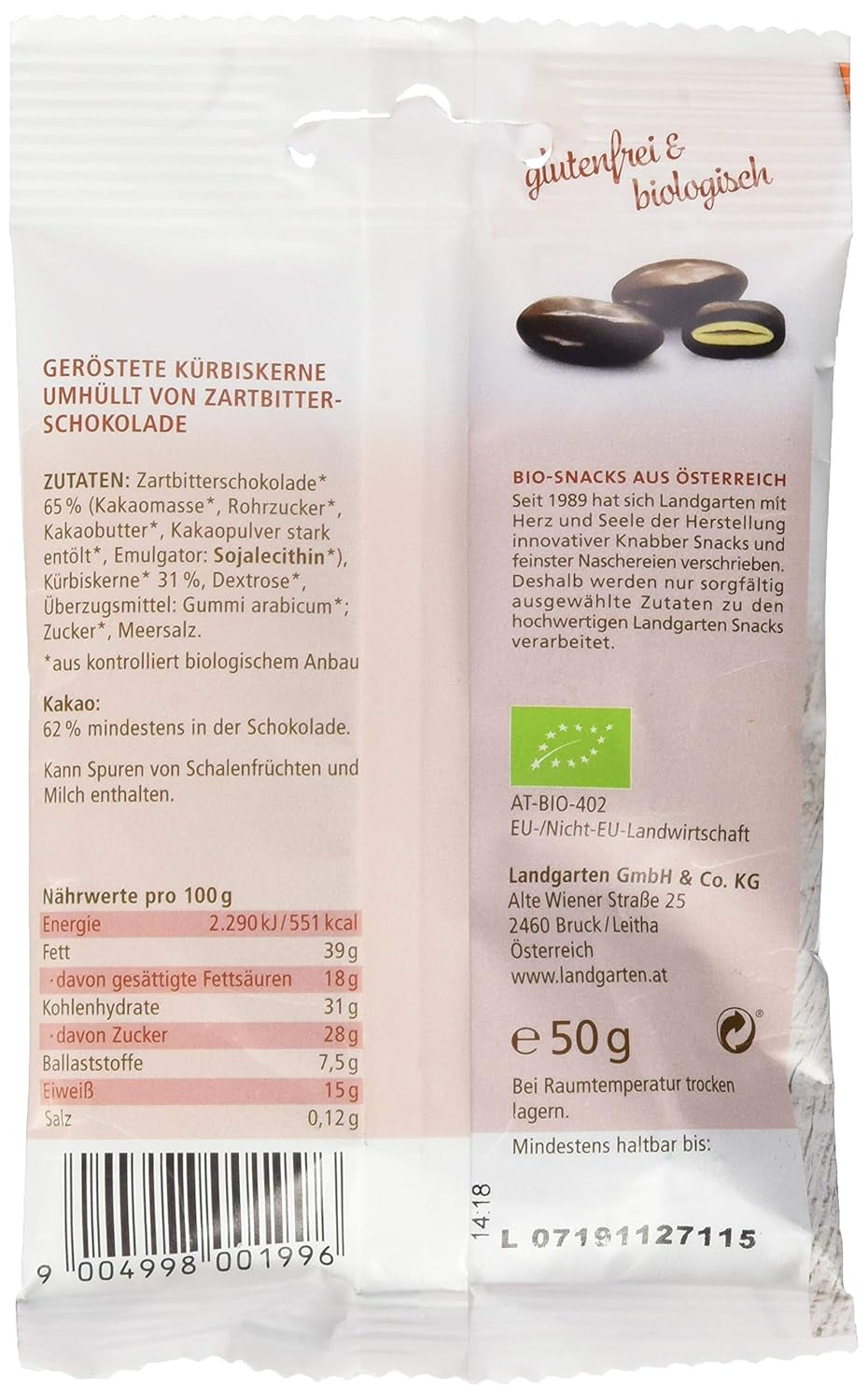Landgarten Bio dýňová semínka v hořké čokoládě - Veganská čokoládová svačina z pečených dýňových semínek - zdroj hořčíku - 1 x 50 g