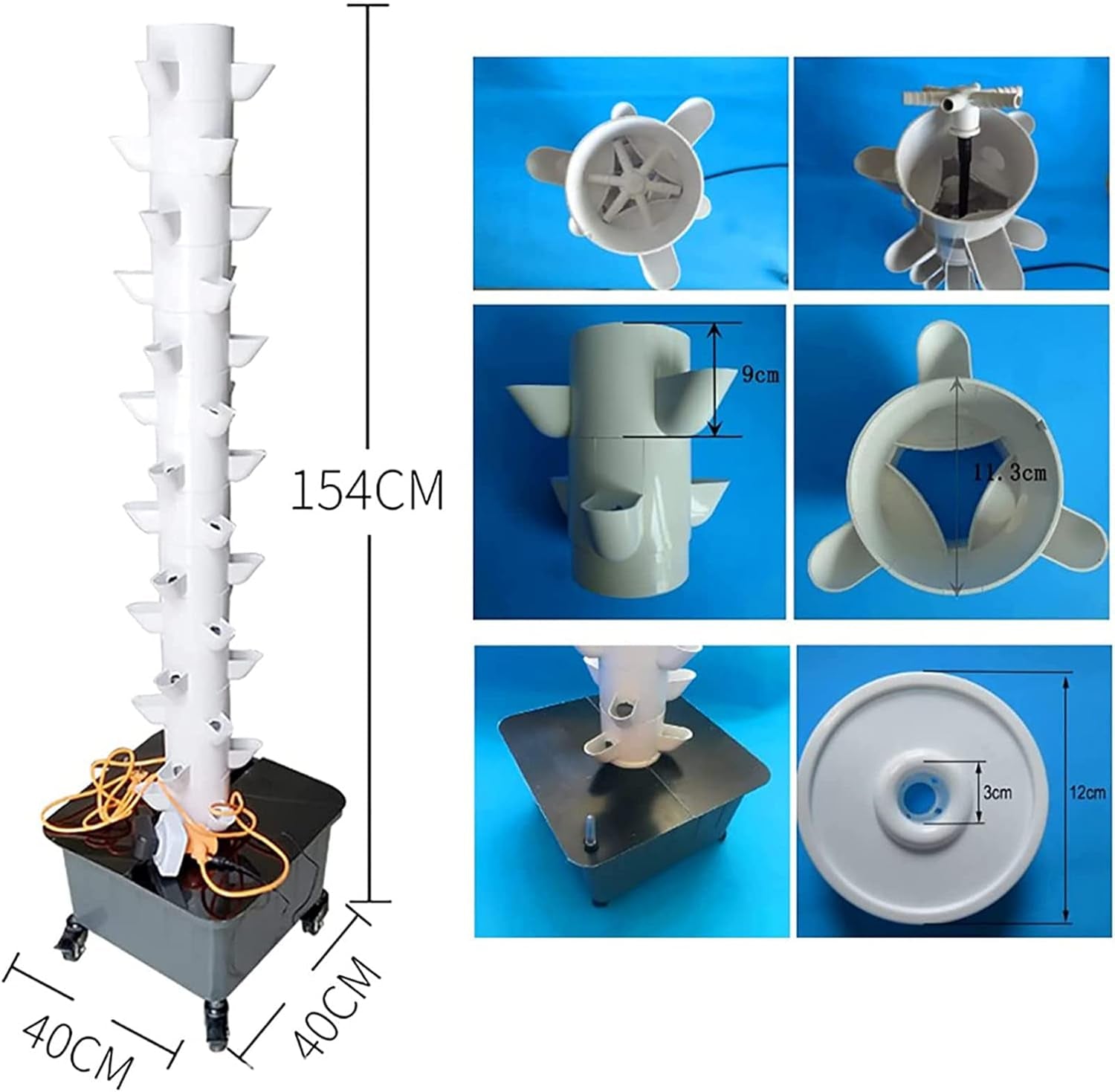 Hydroponická věž, 15vrstvý 45jamkový voskový akvaponický systém, bezdrátová zahradní aeroponická sada pro pěstování bylinek, ovoce a zeleniny s hydratační pumpou, adaptéry, síťované květináče