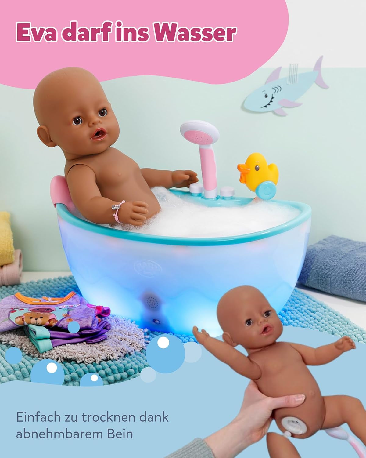 BABY Born Eva - păpușă bebeluș 43 cm - 10 funcții, inclusiv accesorii și saltea - Funcționează complet fără baterii - Potrivită pentru copii cu vârsta de 3 ani și peste