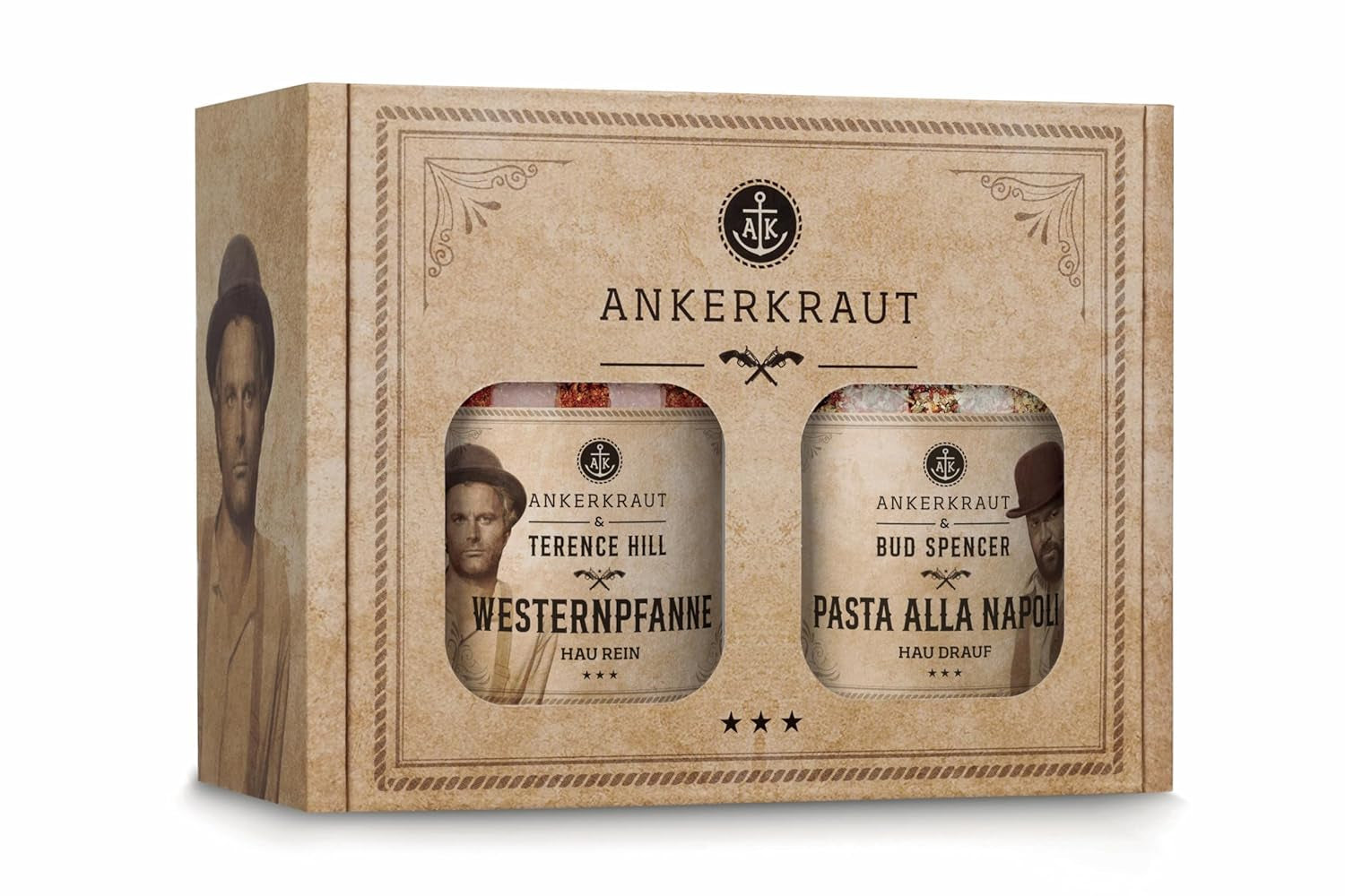 Ankerkraut Bud Spencer & Terence Hill Bagaluten Gewürz-Box, mit western pfanne and Pasta alla Napoli, Geschenk-Set, lecker kochen, 195 g Gewürze Inhalt