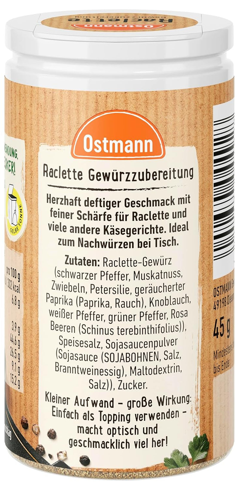 Ostmann Gewürze - Raclette Gewürzzubereitung | Zum Würzen von Käsegerichten | Recyclebare, nachfüllbare Streudose | 45 g ve Streueru