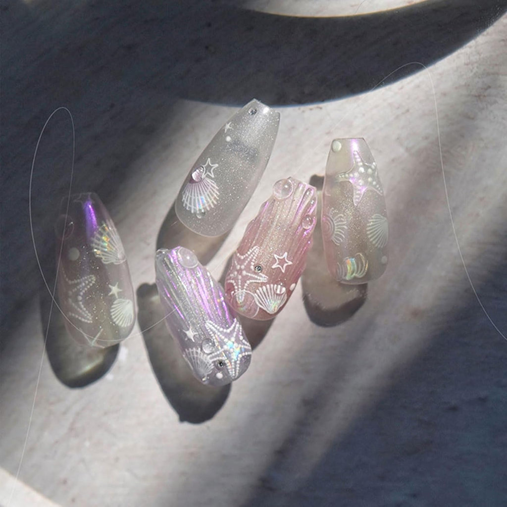 JMEOWIO 3D Nagelsticker Aurora Muschel Seestern Nail Art Sticker Selbstklebend Nagelaufkleber 5D Stereoskopisch Ozean Thema Dekoration Nageldesign Zubehör 1 Blatt