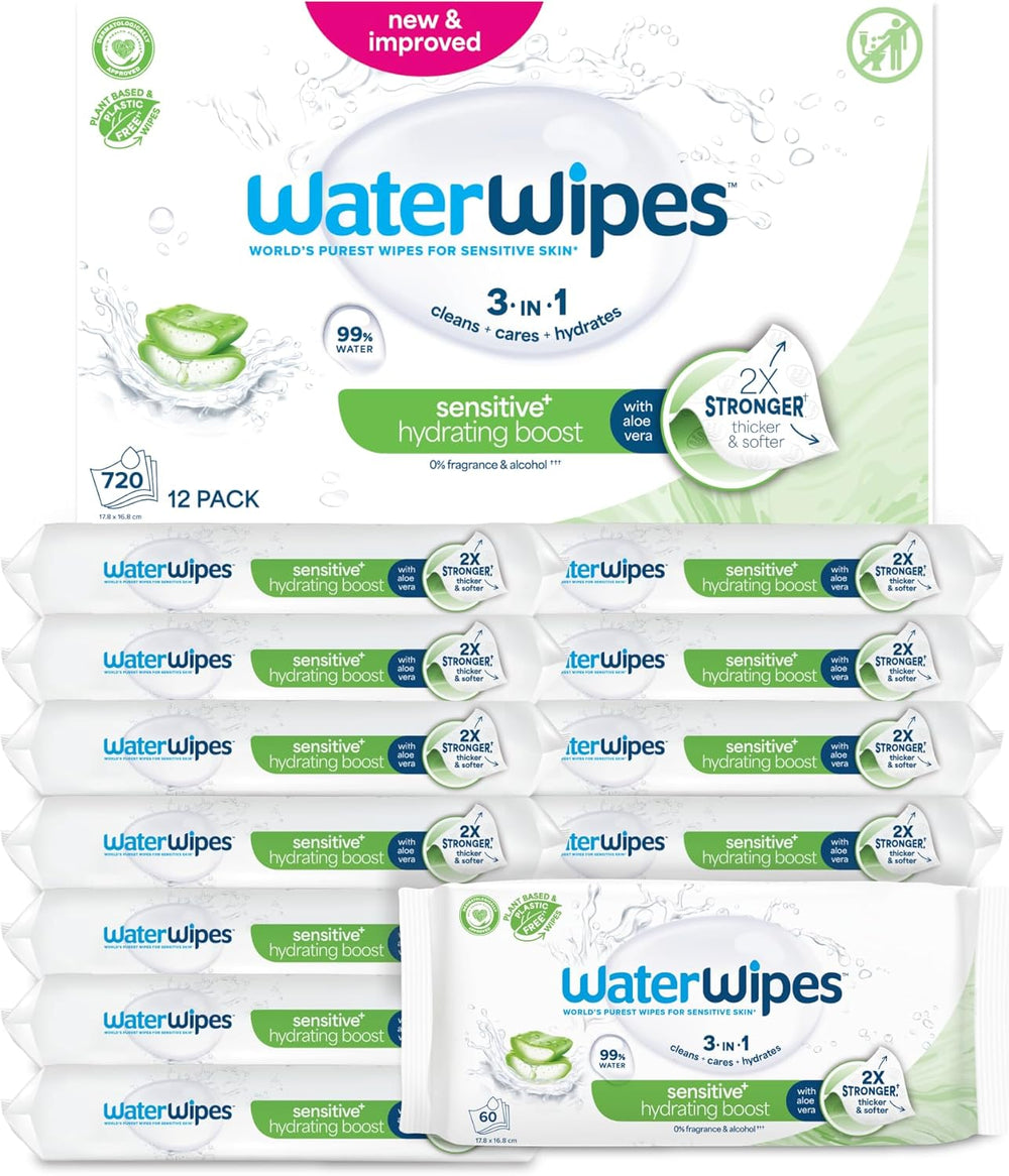 WaterWipes Sensitive+ Hydrating Boost vlhčené ubrousky, hydratační ubrousky, 360 kusů (6 balení), 3v1 čistí, pečují, hydratují, 99% voda z Aloe Vera, neparfémované dětské ubrousky
