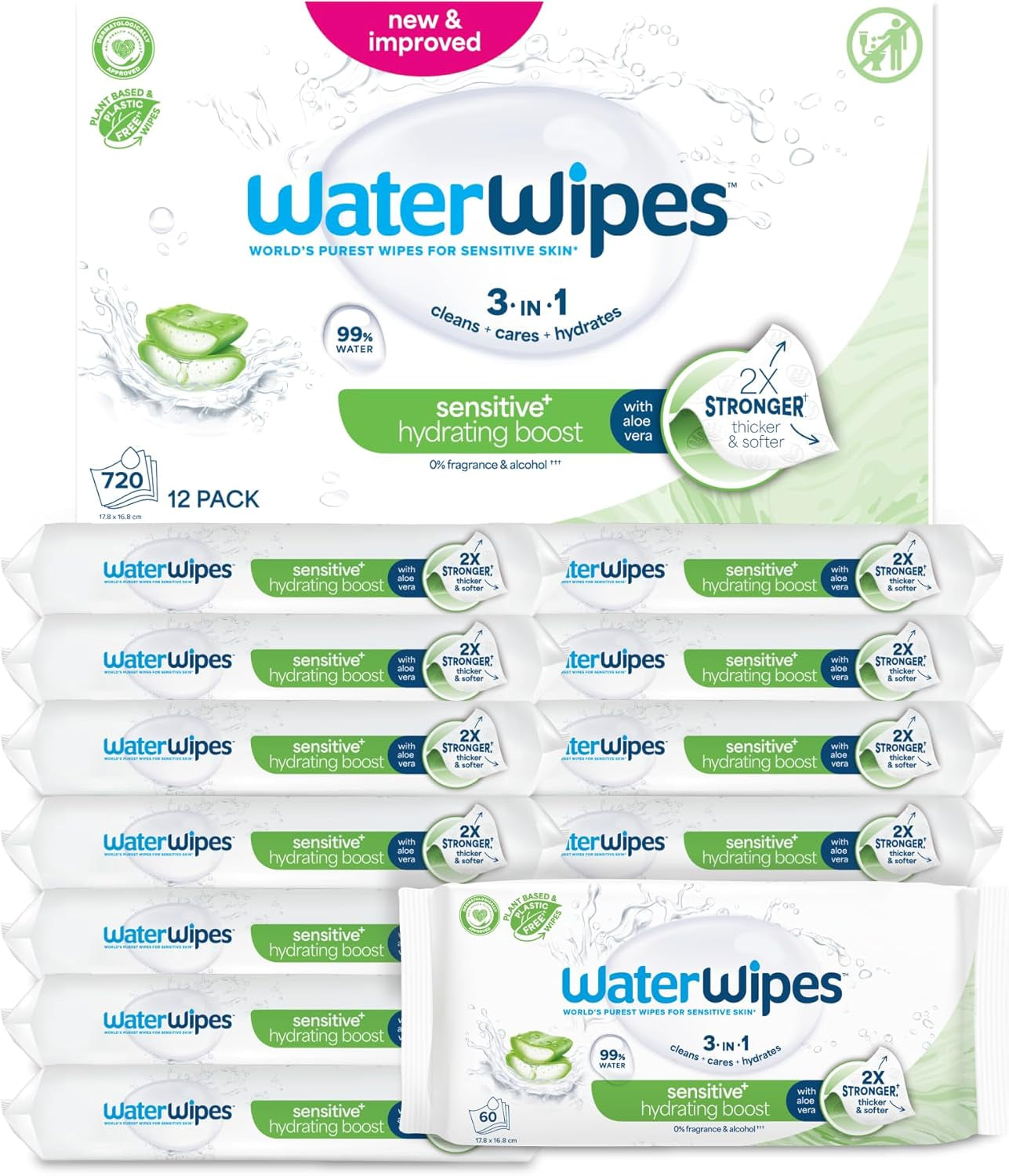 WaterWipes Sensitive+ Hydrating Boost vlhčené ubrousky, hydratační ubrousky, počet 720 (12 balení), 3 v 1 čistí, pečují, hydratují, 99% voda z Aloe Vera, neparfémované dětské ubrousky