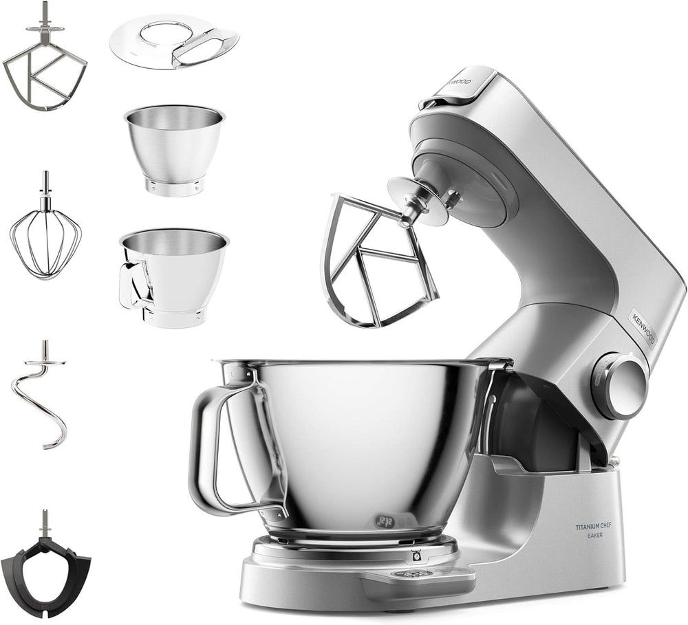 Kenwood Titanium Chef Baker KVC65.001WH, Küchenmaschine Mit Integrierter Waage, 1200 Watt, Inkl. Sada 3 cukrářských výrobků Teiligem, špachtle a sprej, Weiß Matka a dítě Naty Shop Silber Chef Baker