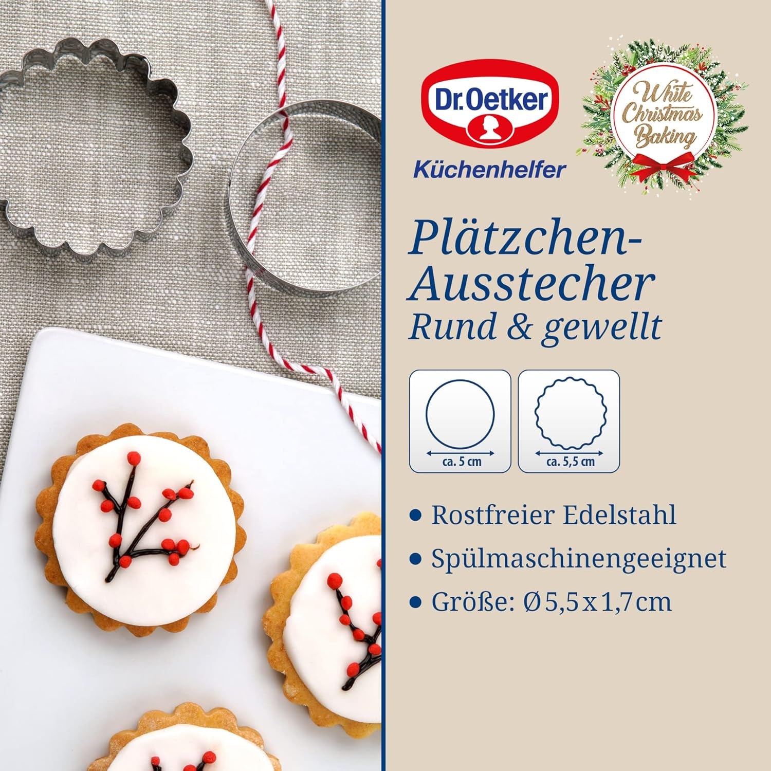 Dr. Oetker Forme de biscuiți rotunde și ondulate, set de 2 piese – Forme de biscuiți, model alb de Crăciun – Forme de biscuiți din oțel inoxidabil pentru Crăciun