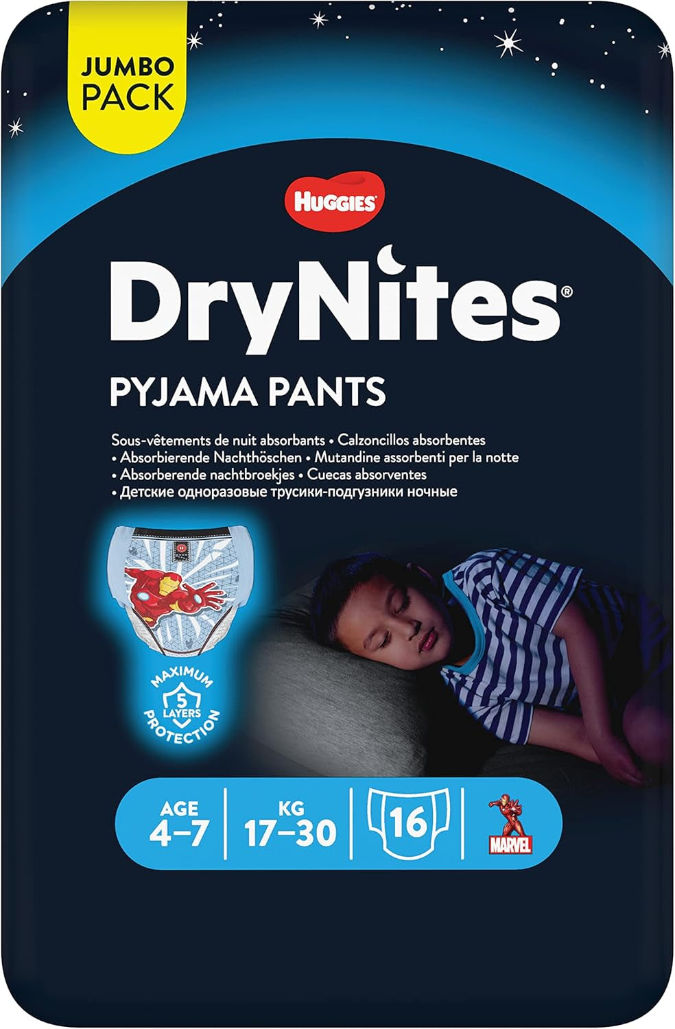Absorpční pleny na noční pomočování DryNites pro chlapce 4-7 let (17-30 kg), Jumbo měsíční balení, počet 64