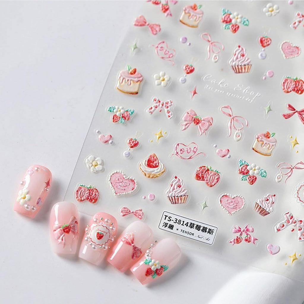 JMEOWIO 3D Nagelsticker Rosa Nail Art Sticker Selbstklebend Nagelaufkleber 5D Stereoskopisch Kuchen Erdbeerschleife Dekoration Nageldesign Zubehör 1 Blatt