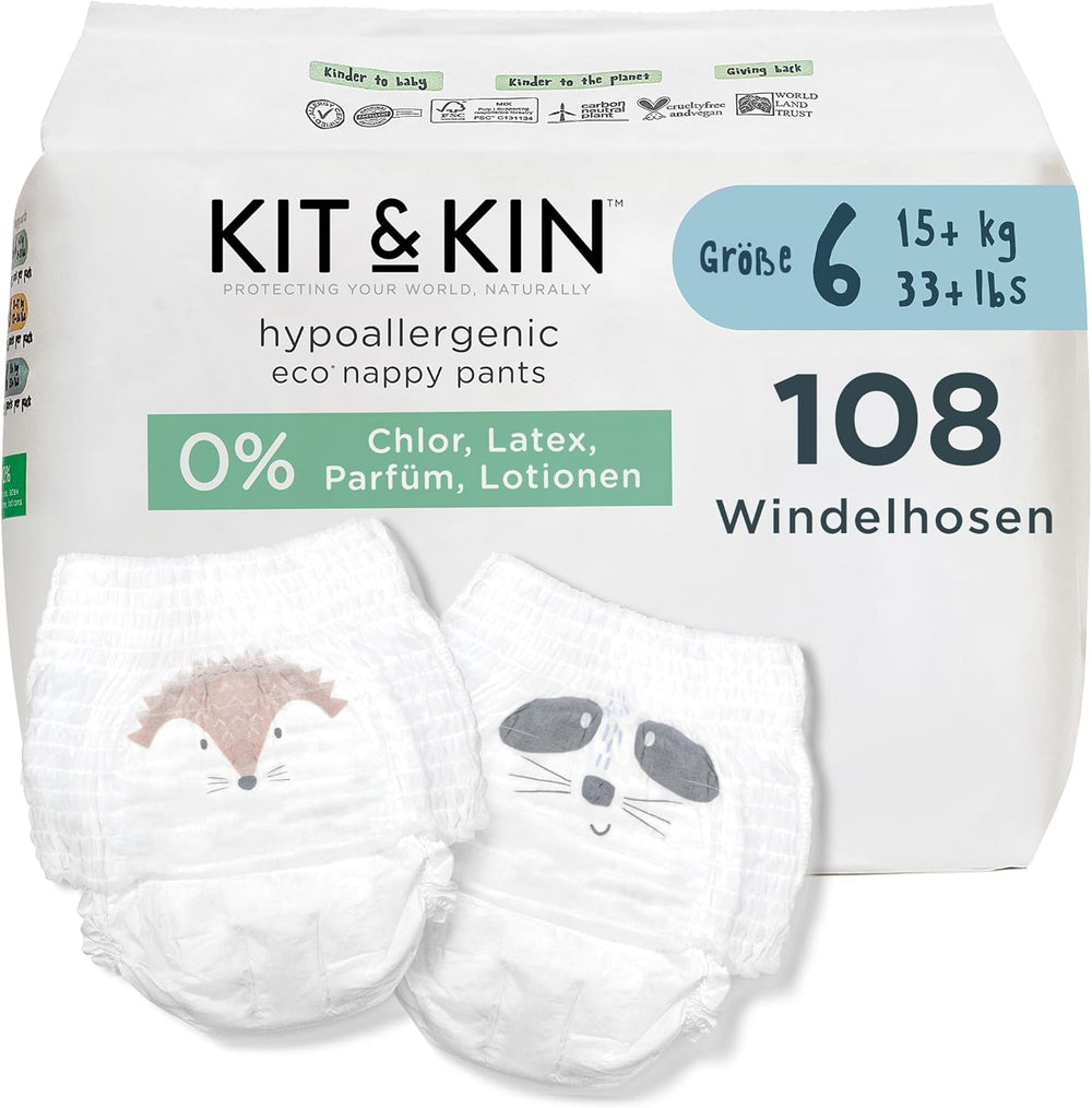 Ekologické plenky Kit & Kin Premium, velikost 4 (9–16 kg), 132 plen, rostlinné a hypoalergenní, spolehlivá ochrana proti úniku, veganské a bez krutosti