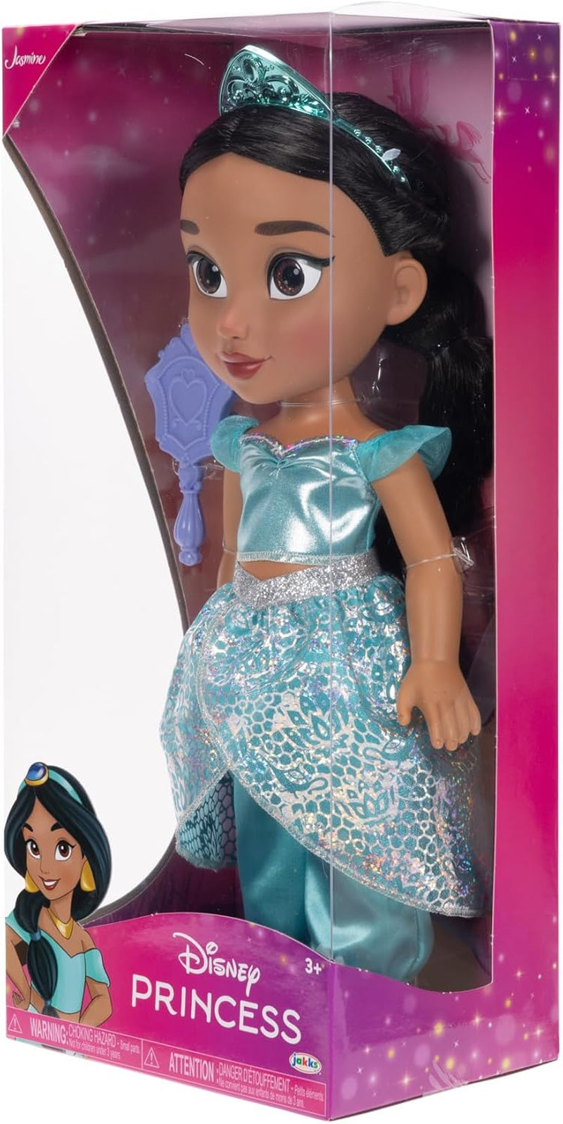 Disney Princezna Jasmin Puppe 35 cm, reflexní lesk, bewegliche Gelenke, ausziehbares Outfit, Schuhe, Krone, langes geflochtenes Haar, für Mädchen ab 3 Jahren