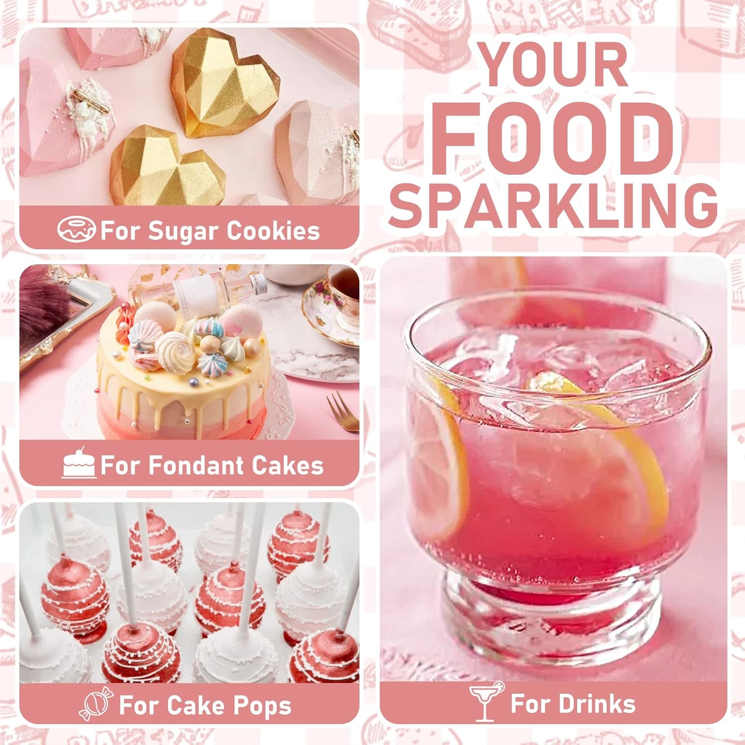 Sclipici comestibil - 4 culori pudră cu sclipici comestibilă, praf cu sclipici în sticlă cu spray pentru băuturi, prăjituri, alimente - pudră cu sclipici metalic, colorant alimentar pentru cocktailuri, fondant, fursecuri, vin