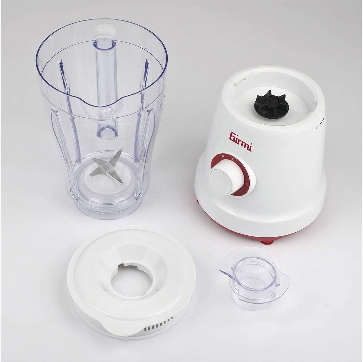 Girmi FR46 Elektrischer Mixer, 1,5 litru, 2 Geschwindigkeiten Mit Pulse-Funktion, 4 Edelstahlklingen, Messbecherdeckel, Messbecher Mit Scale, Sicherheitseinrichtung, Weiß/Rot Kitchen Naty Shop