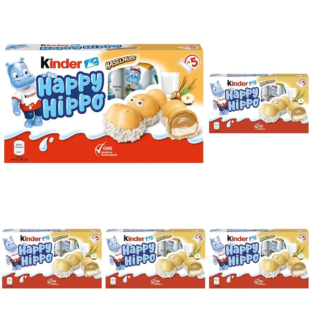 Kinder Happy Hippo Lískový ořech - Speciální křupavé oplatky s mlékem a lískooříškovým krémem - Karnevalové a Mardi Gras sladkosti - 1 balení obsahující 5 jednotlivých tyčinek po 20,7 g