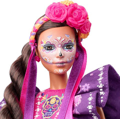 Păpușă Barbie 2022 Día De Muertos cu rochie tradițională cu volane, coroană de flori și vopsea facială Calavera, cadou pentru colecționari
