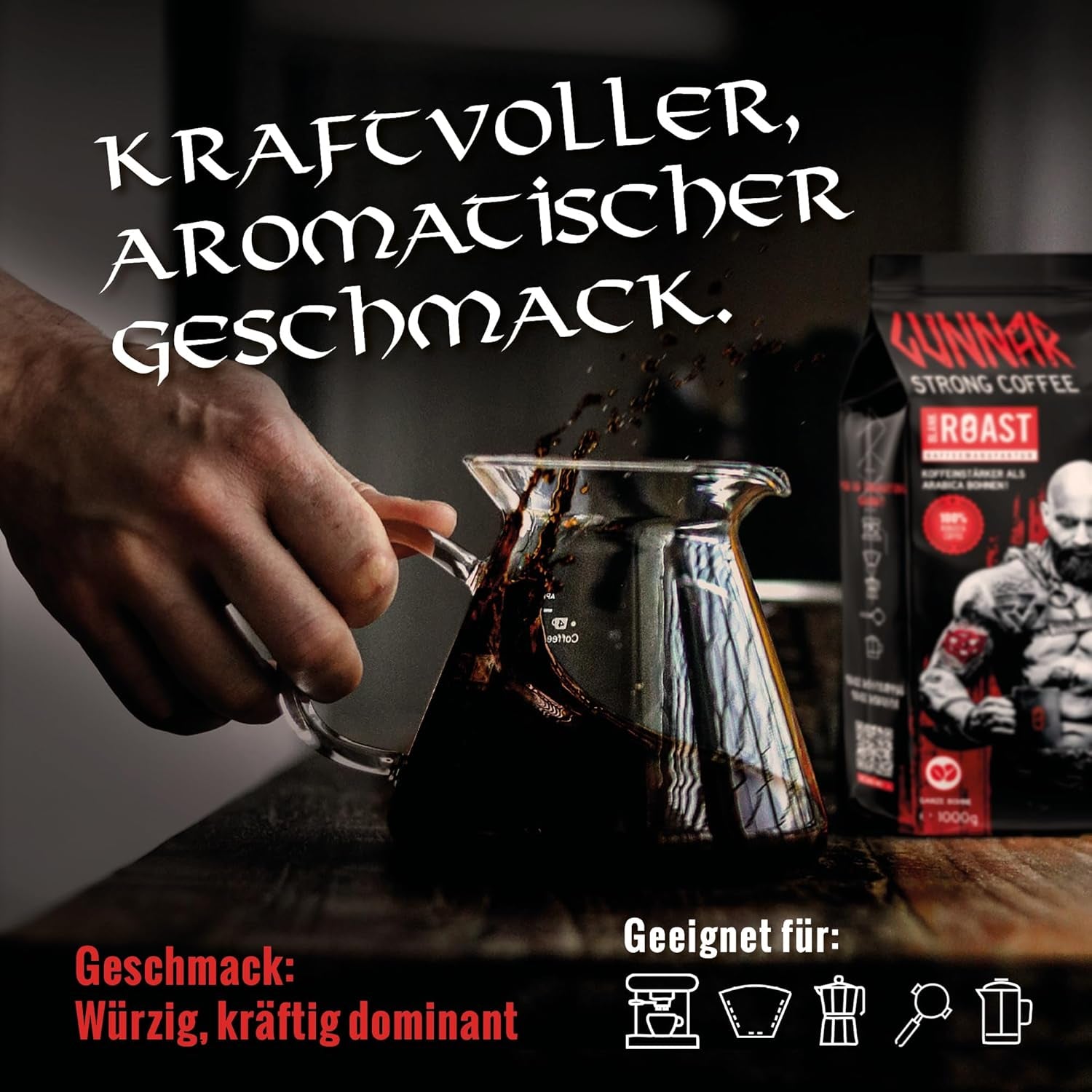 Blank Roast - GUNNAR - 1kg - Ganze Kaffee-Bohnen Extra Stark - Kräftige Robusta-Röstung - 494mg Koffein je Tasse - Würzig & Kraftvoll mit Noten von dunkler Schokolade - Säurearm