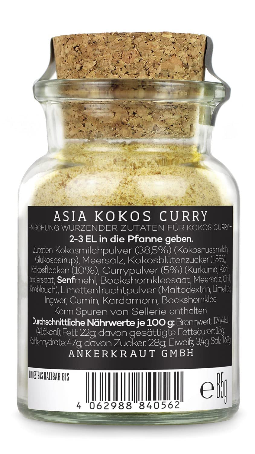 Ankerkraut Asia Kokos Curry, 85g v korkovém skle, Gewürz für Kokos-Milch Gemüse Fleisch, Einfach Lecker Zu Hause Kochen, Premium Qualität in der Panne