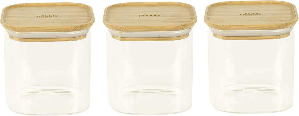 Set de 3 recipiente pătrate din sticlă cu capac din bambus-800ml, sticlă borosilicată, bambus, silicon, natural, 11 x 11 x 11 cm Cutii depozitare alimente Naty Shop 11 X 11 X 11 cm