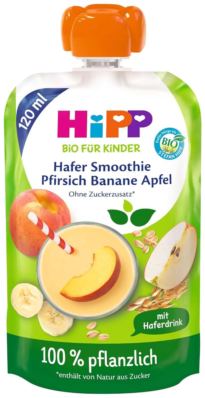 Hipp BIO Smoothie s jablky, broskvemi, banány s ovesným nápojem, 120 ml, balení 6 ks (6 x 120 ml) Matka a dítě Naty Shop 6 x 120 ml Banán, broskev