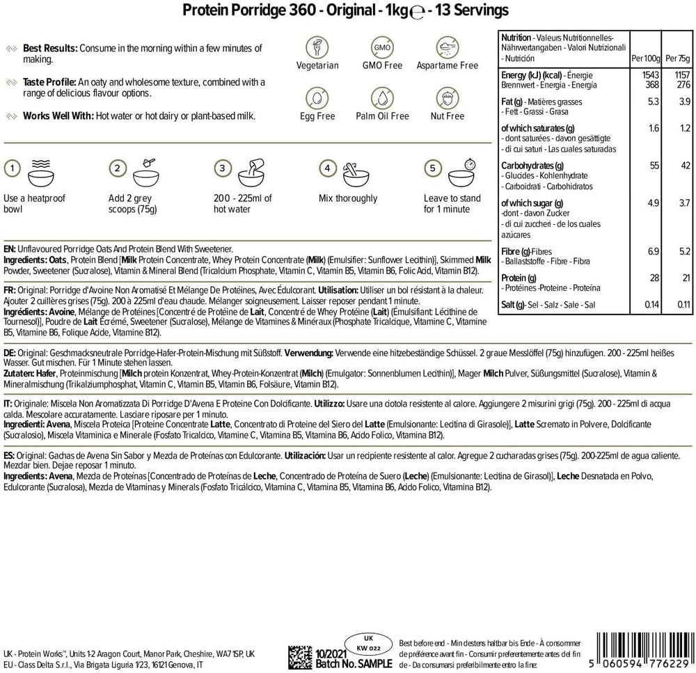 Protein Works - Proteinová kaše 360 | Mýtus Další vitamíny a minerály | Proteinreiches Frühstück | Kalorienarme Haferflocken | 13 porcí | Natürlich | 1 kg Cereal Naty Shop