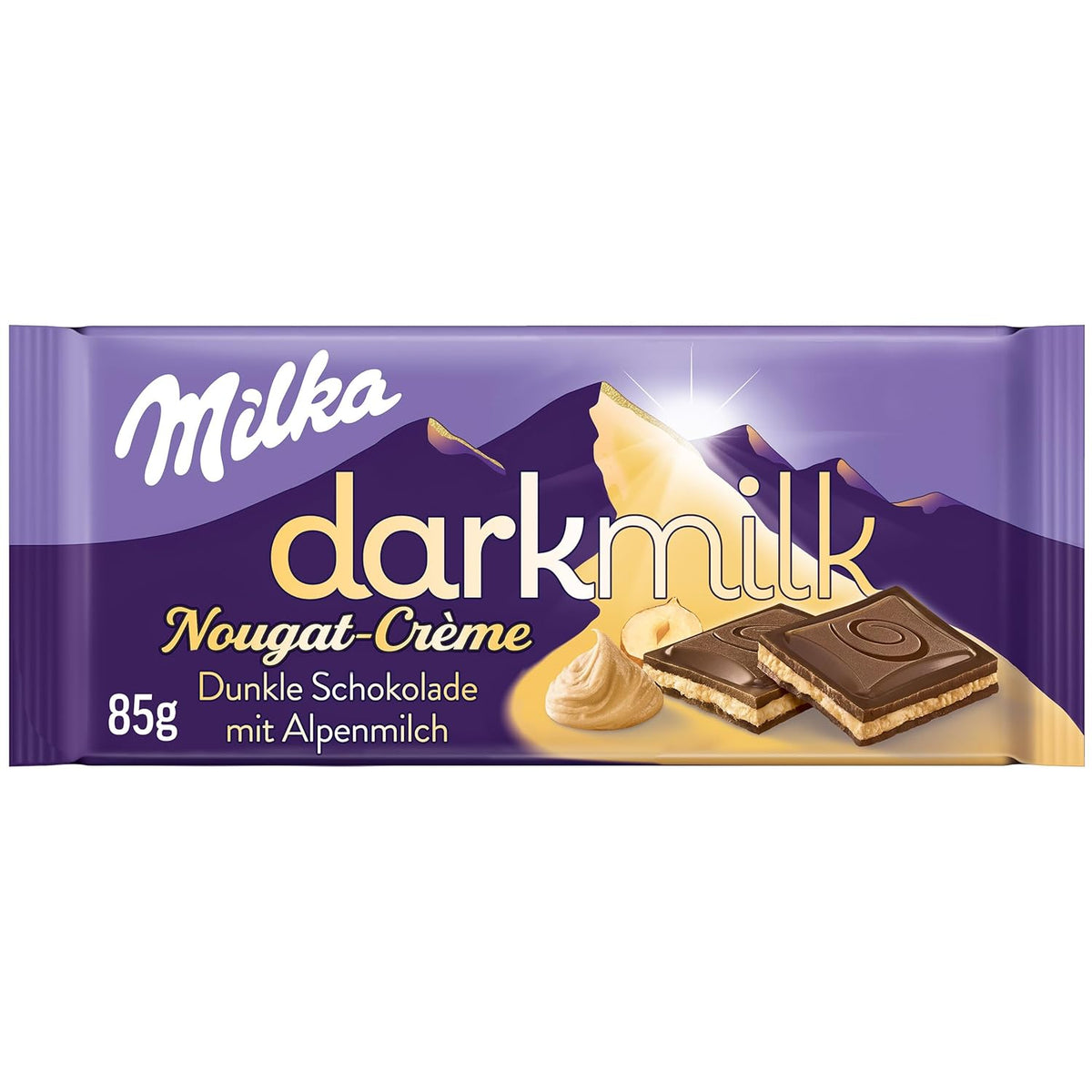Milka Black Milk – alpská černá čokoláda s mléčnou a krémovou nugátovou náplní – 85g