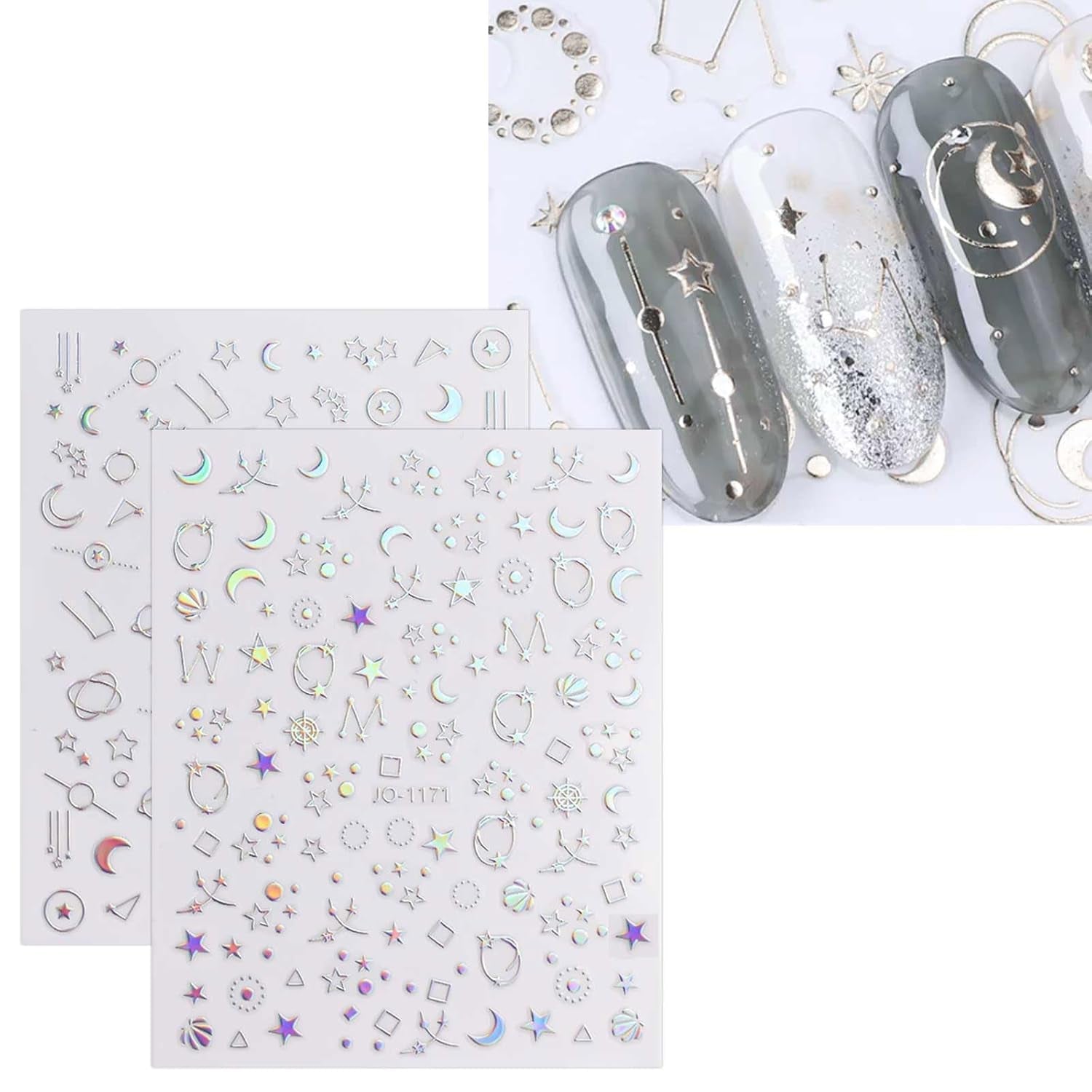 JMEOWIO Nagelsticker Aurora 12 Blatt Nail Art Sticker Selbstklebend Nagelaufkleber Holografisches Stern Herz Dekoration Nageldesign Zubehör