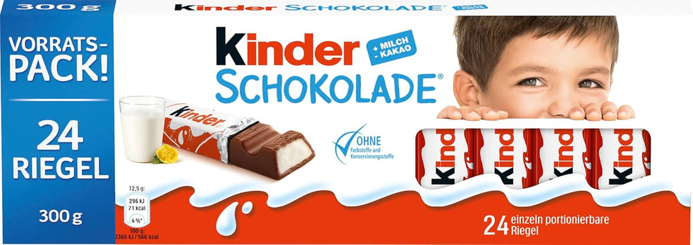 Kinder Chocolate - plněné mléčné čokoládové tyčinky - 1 balení obsahující 24 jednotlivých tyčinek (24 x 12,5 g).