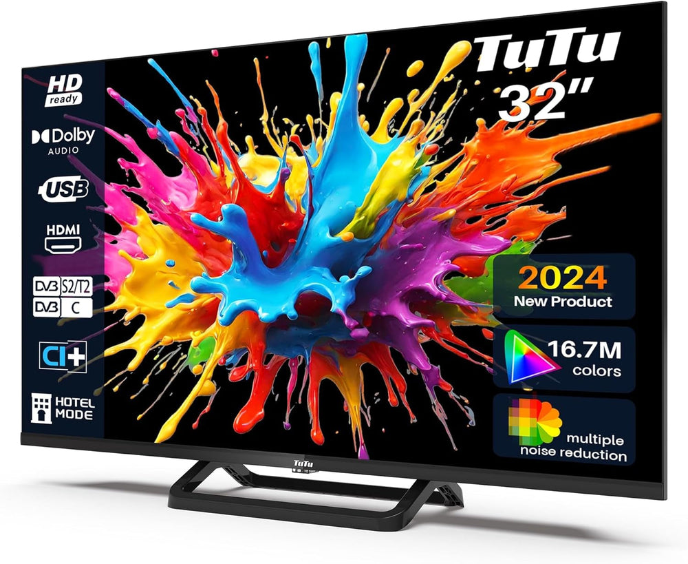 Televizor LED HD TuTu de 24 de inci (60 cm) cu tuner triplu (DVB-T/T2-CS/S2), player media USB, HDMI, VGA, CI/CI+, mod hotel (2024, 220 volți)