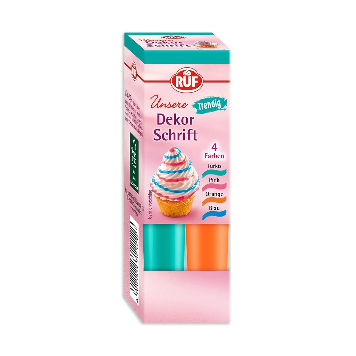 RUF Zucker-Schrift, 4 Tuben Dekor-Schrift in Türkis, Pink, Orange & Blau, Zur Beschriftung Von Glasur, Zuckerguss Und Fondant, Tortendeko Für Weihnachtsplätzchen, 4 X 25G Glazuri si Decor Naty Shop Default Title
