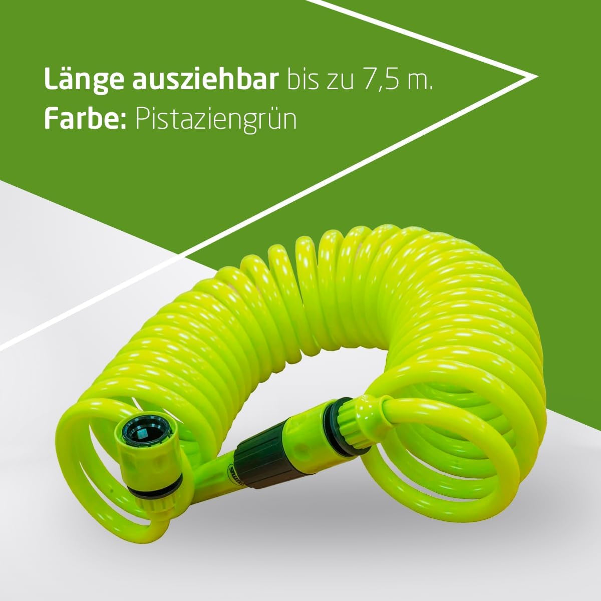 Amig - Furtun spiralat | Fabricat din polipropilenă | Extensibil până la 7,5 m | Include lance de irigare, adaptor și 2 îmbinări | Verde fistic